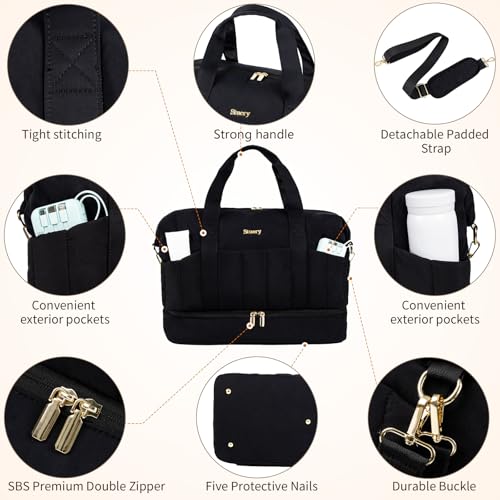 Stuery Lightweight Puffer Gym Bag for Women: Small Carry on Tote Bag for Travel with Shoe Compartment & Wet Pocket, Overnight Weekender Duffel for Airplane Traveling Girls & Teens, Black - Image 5