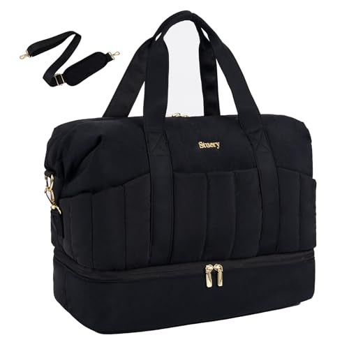 Stuery Lightweight Puffer Gym Bag for Women: Small Carry on Tote Bag for Travel with Shoe Compartment & Wet Pocket, Overnight Weekender Duffel for Airplane Traveling Girls & Teens, Black - Image 1