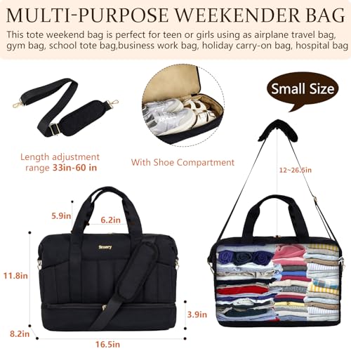 Stuery Lightweight Puffer Gym Bag for Women: Small Carry on Tote Bag for Travel with Shoe Compartment & Wet Pocket, Overnight Weekender Duffel for Airplane Traveling Girls & Teens, Black - Image 3