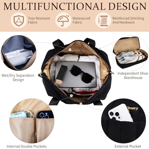 Stuery Lightweight Puffer Gym Bag for Women: Small Carry on Tote Bag for Travel with Shoe Compartment & Wet Pocket, Overnight Weekender Duffel for Airplane Traveling Girls & Teens, Black - Image 4
