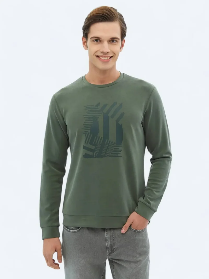 Kip Khaki Crew Neck Printed Sweatshirt