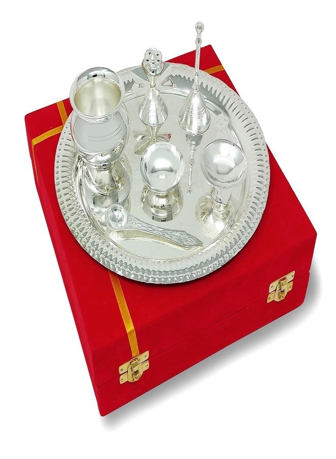 NOBILITY Pooja Thali Set Silver Plated with Red Gift Box Designed Puja Plate 22 CM Bowl Ghanti Kalash Spoon Dhup Dan Diya for Home Office Diwali Wedding Return Gift Items - Image 4