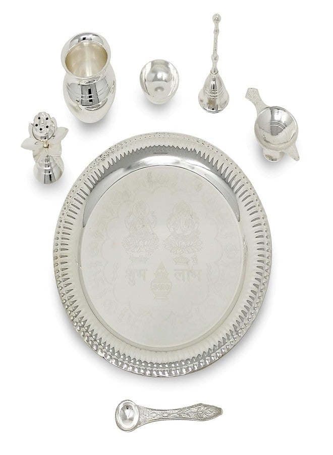 NOBILITY Pooja Thali Set Silver Plated with Red Gift Box Designed Puja Plate 22 CM Bowl Ghanti Kalash Spoon Dhup Dan Diya for Home Office Diwali Wedding Return Gift Items - Image 3