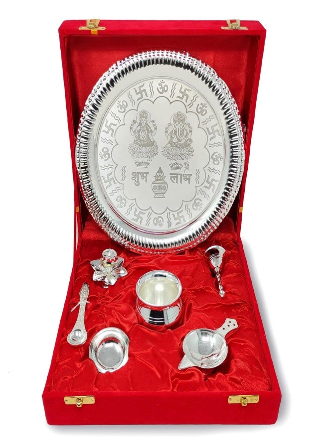 NOBILITY Pooja Thali Set Silver Plated with Red Gift Box Designed Puja Plate 22 CM Bowl Ghanti Kalash Spoon Dhup Dan Diya for Home Office Diwali Wedding Return Gift Items - Image 1