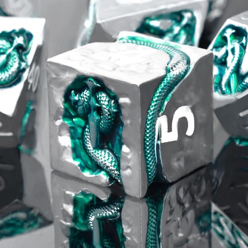 RULE DICE Serpents Cunning Metal DND Dice Set 7pc Polyhedral DD Dice for Dungeons and Dragons RPGs Like Pathfinder Emerald Green Snake Design Balanced for Critical Rolls - Image 1