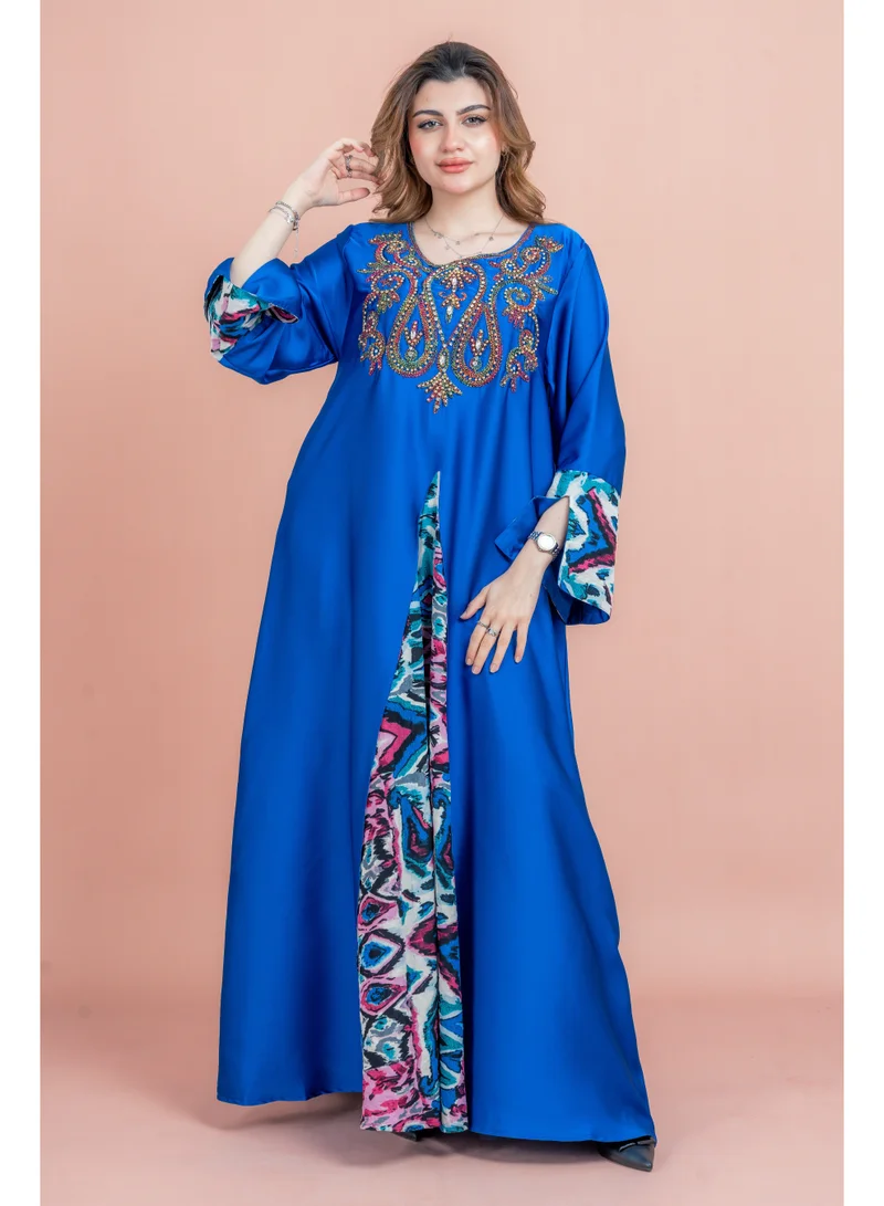 اكسا جلابية مطرزة سادة IK1036 ازرق