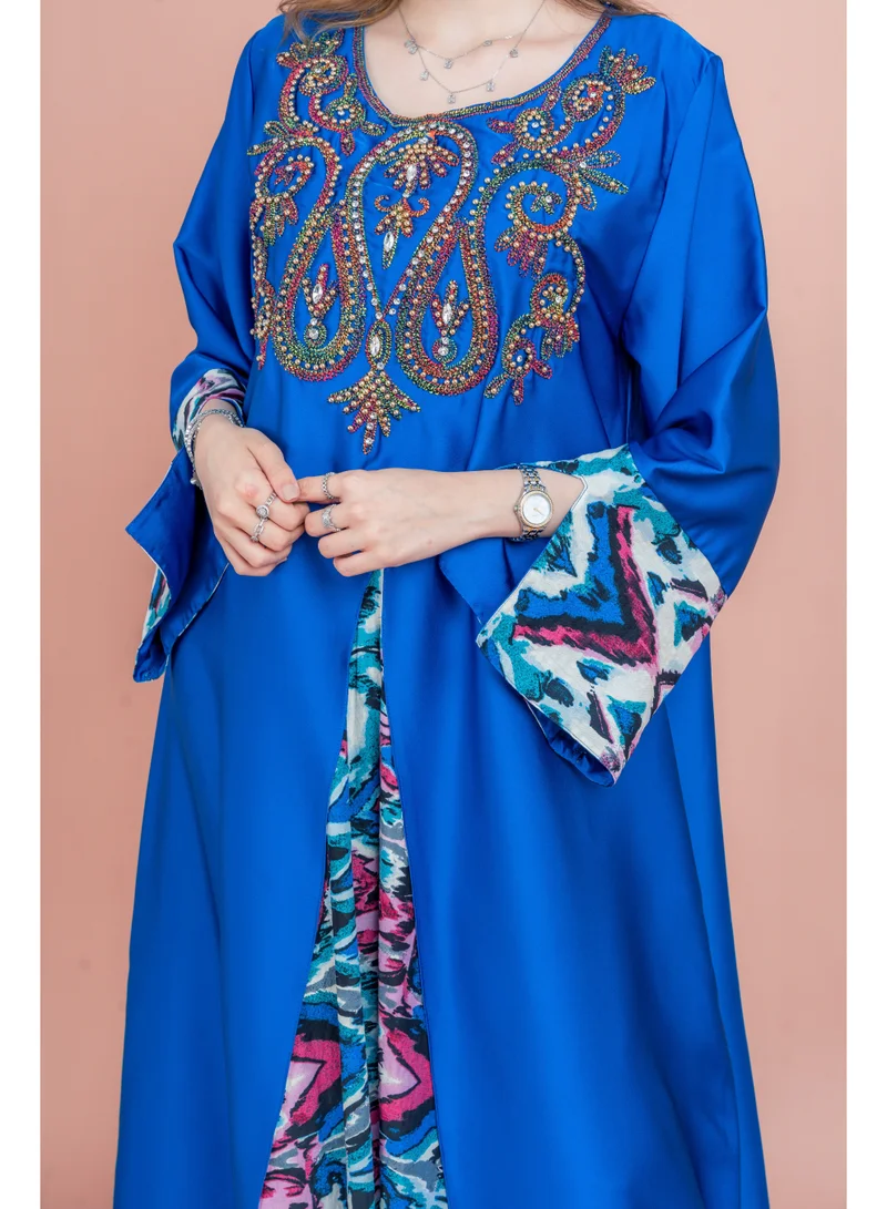 اكسا جلابية مطرزة سادة IK1036 ازرق