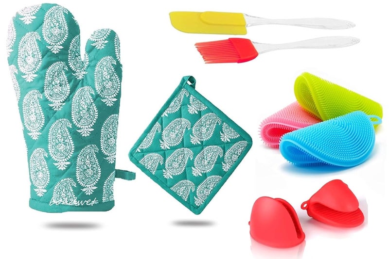 BONDWET Silicone Cotton Padded Microwave Oven Gloves Brush Spatula Heat Resistant Pinch Grip Mitten Washing Sponge for Kitchen Combo Multicolor Set of 2 - Image 1