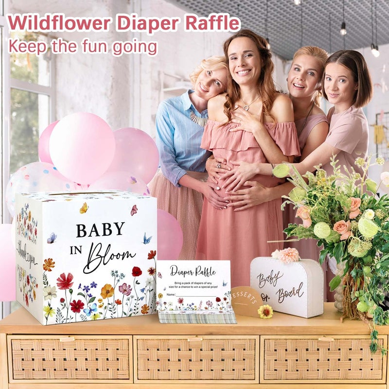 Heboland Baby in Bloom Baby Shower Decorations Diaper Raffle Box with 50 Tickets, Girls Wildflower Diaper Raffle Card Box Games Kit - Image 4