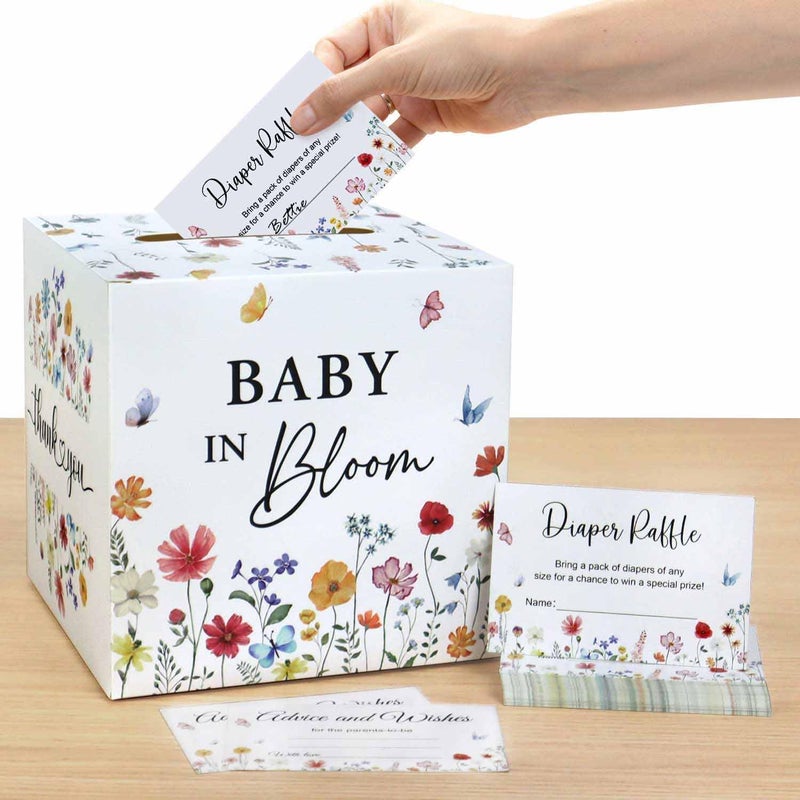 Heboland Baby in Bloom Baby Shower Decorations Diaper Raffle Box with 50 Tickets, Girls Wildflower Diaper Raffle Card Box Games Kit - Image 1