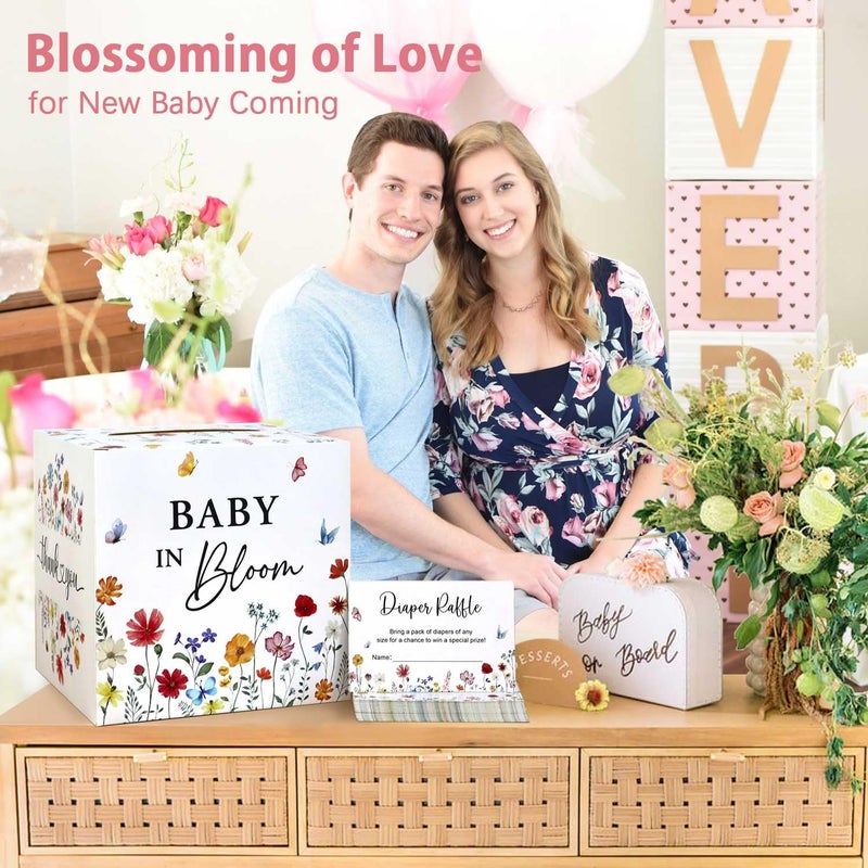 Heboland Baby in Bloom Baby Shower Decorations Diaper Raffle Box with 50 Tickets, Girls Wildflower Diaper Raffle Card Box Games Kit - Image 5