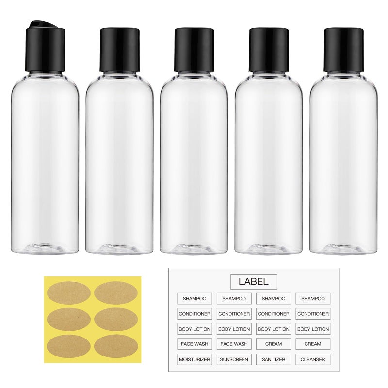 owlyee 3.4 oz Travel Bottles for Toiletries, Empty Travel Size Containers Tsa Approved, 5PCS Small Plastic Shampoo Bottles with Labels (100ml, Clear) - Image 1