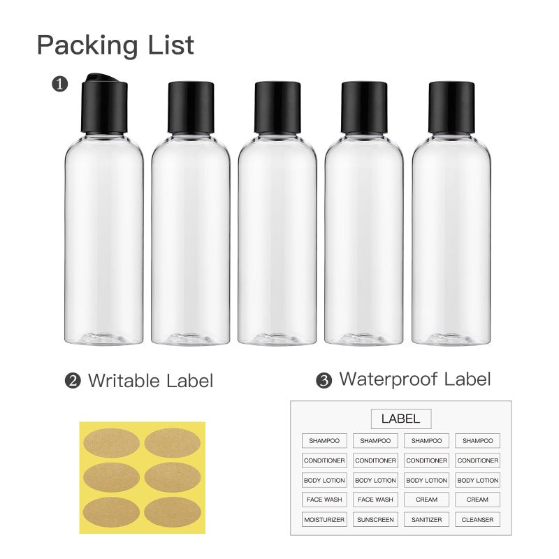 owlyee 3.4 oz Travel Bottles for Toiletries, Empty Travel Size Containers Tsa Approved, 5PCS Small Plastic Shampoo Bottles with Labels (100ml, Clear) - Image 5