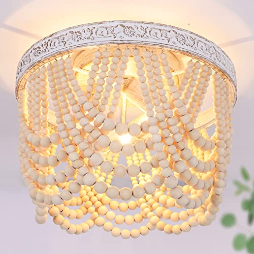 Capslpad Bohemia Wood Beaded Flush Mount Ceiling Light Antique Boho Mini Chandelier Farmhouse Light Fixture for Bedroom Nursery Room Hallway Entryway Foyer,3-Light - Image 1