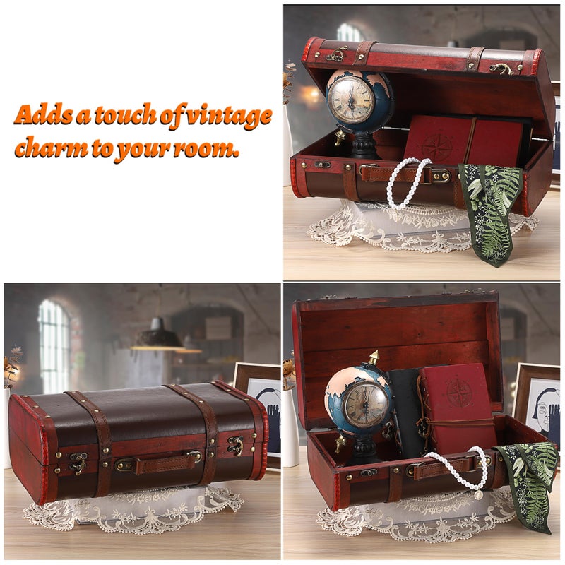 ELLDOO Vintage Wooden Storage Chest, Portable Decorative Luggage Suitcase, Vintage Red Treasure Chest Box, Pirate Keepsakes Box for Gifts, Chest Storage Box for Decor Storage Travel - Image 3