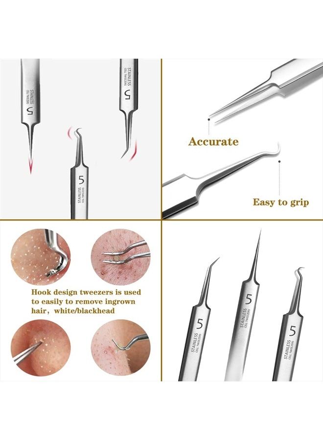 BLAAROOM Professional Facial Blackhead Remover Tweezers,3Pcs Precision Pimple Popper Tool Kit for Whitehead Ance Blemishs Comedones Stainless Steel Makeup Tool - Matte - Image 5