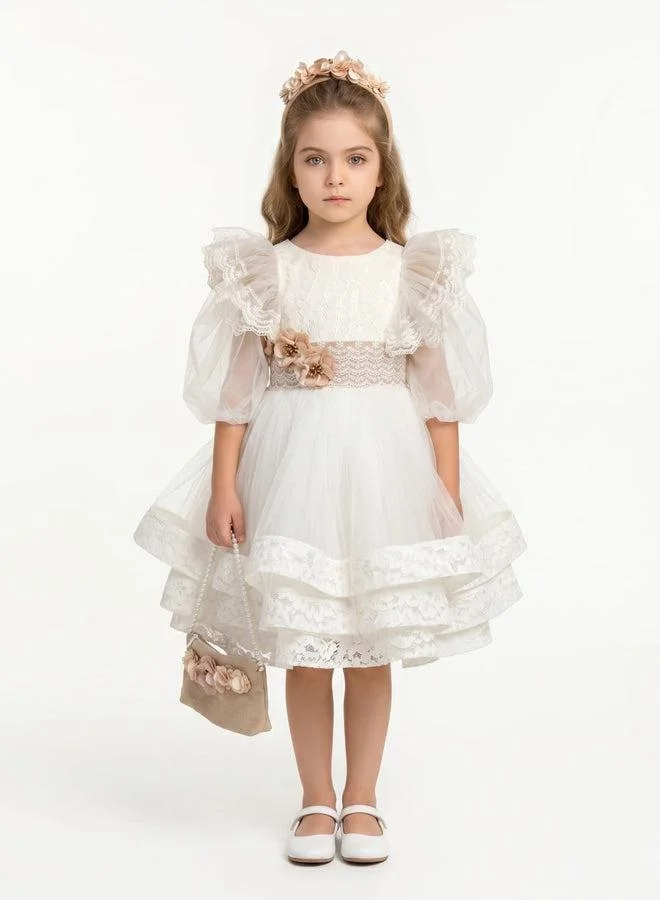 فيا بامبينو Ivory Ruffled Lace Tiered Hem Dress 3279