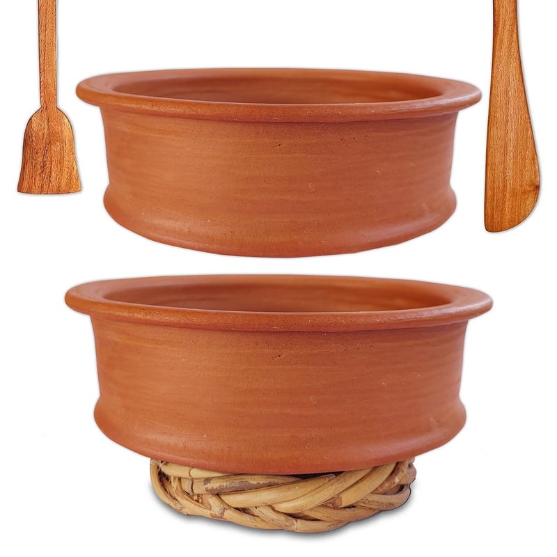 Taburu™ Udupi Clay Handi/Earthen Kadai/Mitti Bhagona/Clay Pot for Cooking & Serving + Free Wood ash, Coir Scrub for Cleaning & Wooden Spatula. Combo 1 & 2 Liter Pot - Image 1