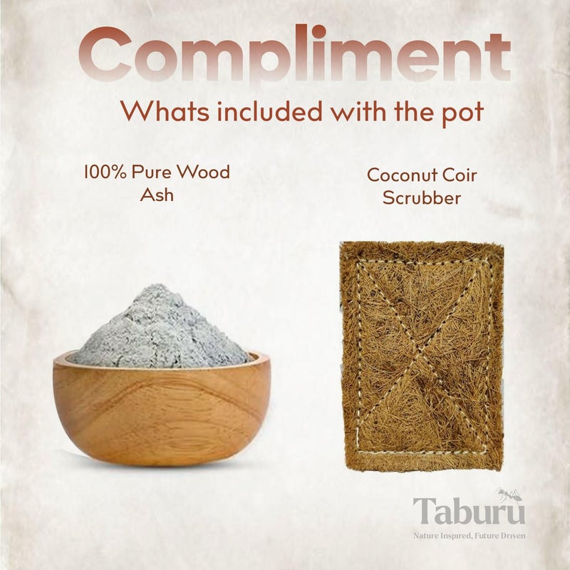 Taburu™ Udupi Clay Handi/Earthen Kadai/Mitti Bhagona/Clay Pot for Cooking & Serving + Free Wood ash, Coir Scrub for Cleaning & Wooden Spatula. Combo 1 & 2 Liter Pot - Image 5