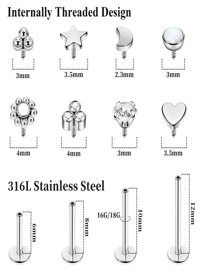 NICEIGHT 16G 18G 316L Stainless Steel Internally Threaded Labret Monroe Studs Lip Rings Stud for Women Men Flat Back Cartilage Tragus Earrings Studs Forward Helix Earrings Conch Medusa Piercing 16G S - Image 4