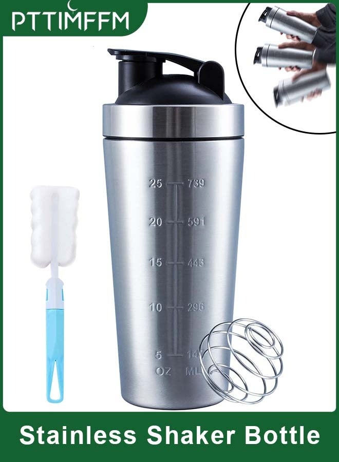PTTIMFFM 739ml Stainless Steel Protein Shaker Bottle with Mixing Ball & Cleaning Brush, Leakproof, BPA-Free Metal Gym Shaker for Protein Powder & Supplements - Image 1