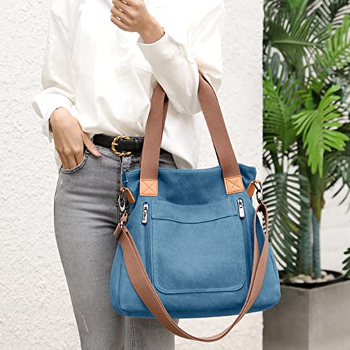 Sunshinejing Women's Canvas Tote Shoulder Handbags Vintage Crossbody Work Purses Everyday Bag (Blue) One Size - Image 2