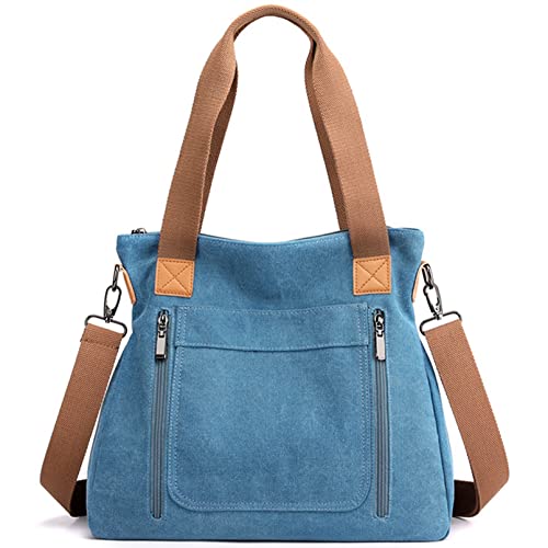 Sunshinejing Women's Canvas Tote Shoulder Handbags Vintage Crossbody Work Purses Everyday Bag (Blue) One Size - Image 1