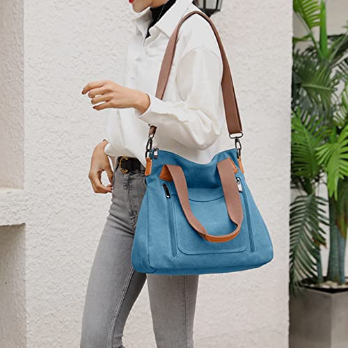 Sunshinejing Women's Canvas Tote Shoulder Handbags Vintage Crossbody Work Purses Everyday Bag (Blue) One Size - Image 3