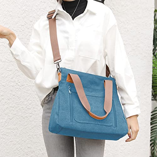 Sunshinejing Women's Canvas Tote Shoulder Handbags Vintage Crossbody Work Purses Everyday Bag (Blue) One Size - Image 4