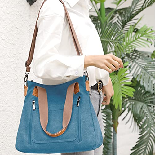 Sunshinejing Women's Canvas Tote Shoulder Handbags Vintage Crossbody Work Purses Everyday Bag (Blue) One Size - Image 5