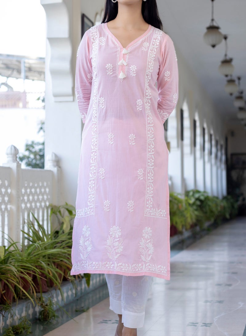 Swadesh Souq Elegant Pink Cotton Hand Embroidered Chikankari Suit Set for Women  - Image 5