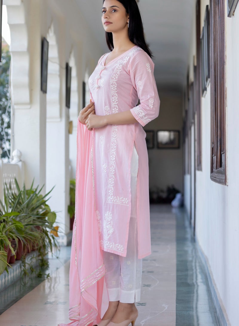 Swadesh Souq Elegant Pink Cotton Hand Embroidered Chikankari Suit Set for Women  - Image 4