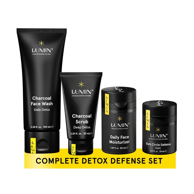 Lumin 4 Piece Men Skincare Set with Charcoal Face Wash, Deep Scrub, Daily Moisturizer & Dark Circle Defense Balm, Helps Detoxing & Hydrating, for All Skin Types - Image 1
