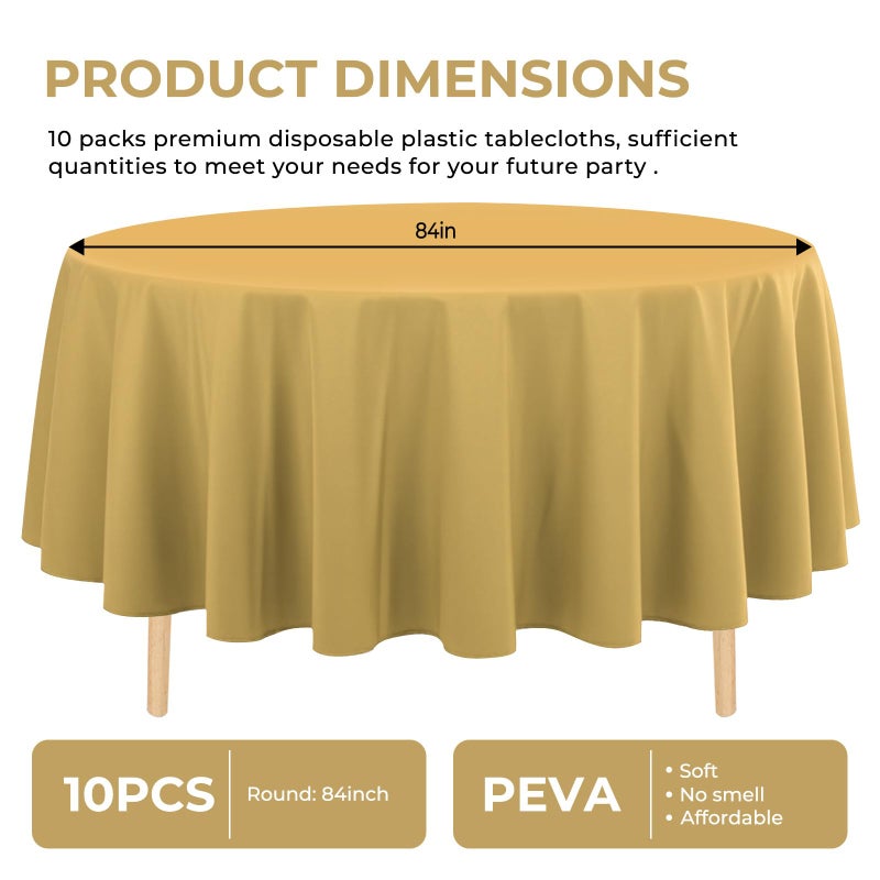 JHDZDHY 10 Pack Premium Disposable Plastic Tablecloth 84" Round Table Cover for Birthdays Weddings Christmas Anniversary Buffet Table (Gold) - Image 2
