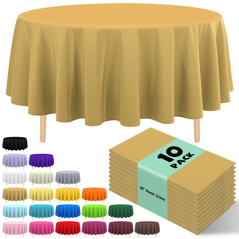 JHDZDHY 10 Pack Premium Disposable Plastic Tablecloth 84" Round Table Cover for Birthdays Weddings Christmas Anniversary Buffet Table (Gold) - Image 1