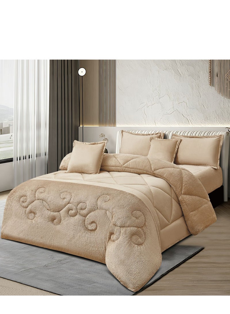 مينج لي مفرش شتوي نفرين نظام وجهين وجه مخمل وجه فرو - طقم مفارش 6 قطع ( 1 لحاف + 1 وشرشف مطاطي + 4 أغطية وسائد ديكورية ) يناسب سرير مقاس 200x200 سم - Image 2