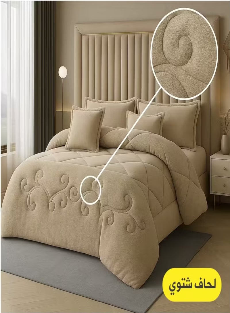 مينج لي مفرش شتوي نفرين نظام وجهين وجه مخمل وجه فرو - طقم مفارش 6 قطع ( 1 لحاف + 1 وشرشف مطاطي + 4 أغطية وسائد ديكورية ) يناسب سرير مقاس 200x200 سم - Image 1