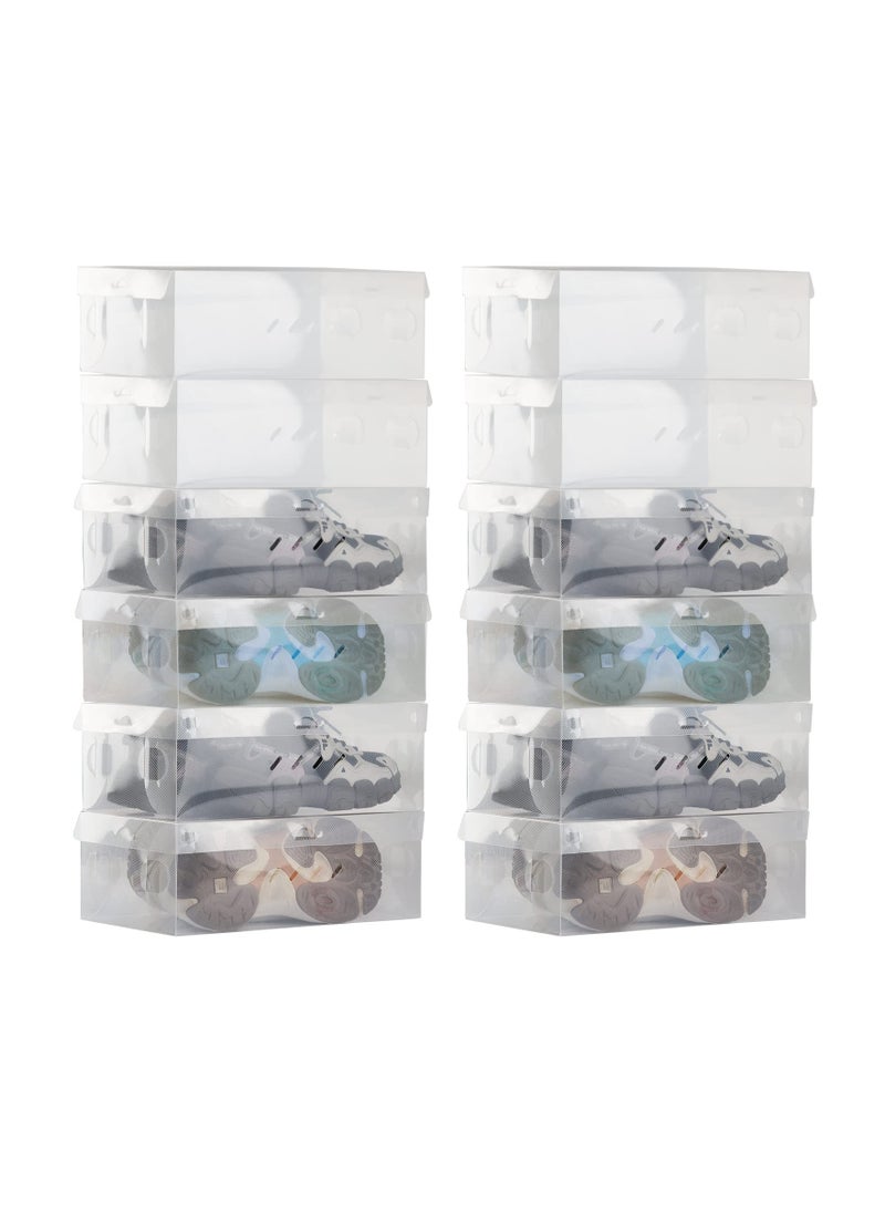 12PCS Clear Plastic Stackable Shoe Boxes, Large Plastic Shoe Boxes with Lids Foldable Shoe Box Storage Solution Stackable Shoe Storage Foldable Shoe Storage for Saving Closet Space