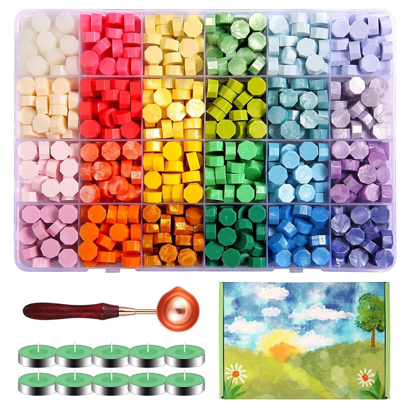 Comealltime 630Pcs Sealing Wax Beads Spring Garden Theme Wax Seal Stamp Kit with 1Pcs Melting Spoon 10Pcs Tea Light Candles with Gift BoxSpring Garden