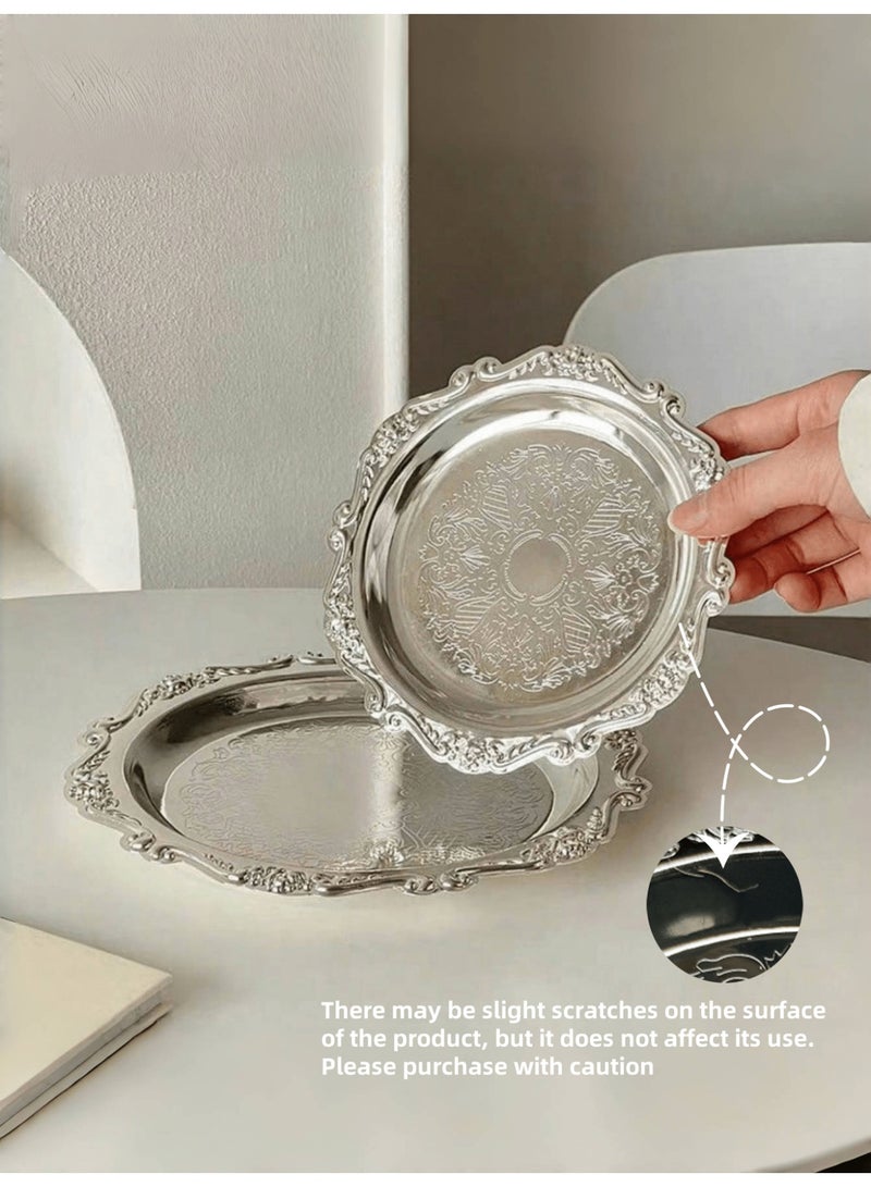 MAIDI Luxurious 3-Piece Silver Metal Serving Tray Set - Vintage Embossed Round Decorative Decorative Plates (10, 15, 20cm) for Home Decor, Eid Eid Gifting, Jewelry, & Coffee Table - Image 4