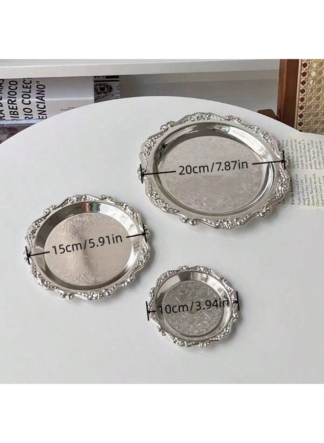 MAIDI Luxurious 3-Piece Silver Metal Serving Tray Set - Vintage Embossed Round Decorative Decorative Plates (10, 15, 20cm) for Home Decor, Eid Eid Gifting, Jewelry, & Coffee Table - Image 3
