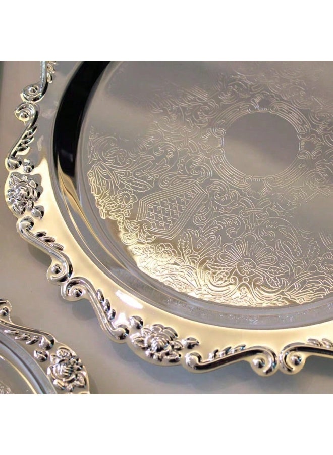 MAIDI Luxurious 3-Piece Silver Metal Serving Tray Set - Vintage Embossed Round Decorative Decorative Plates (10, 15, 20cm) for Home Decor, Eid Eid Gifting, Jewelry, & Coffee Table - Image 2