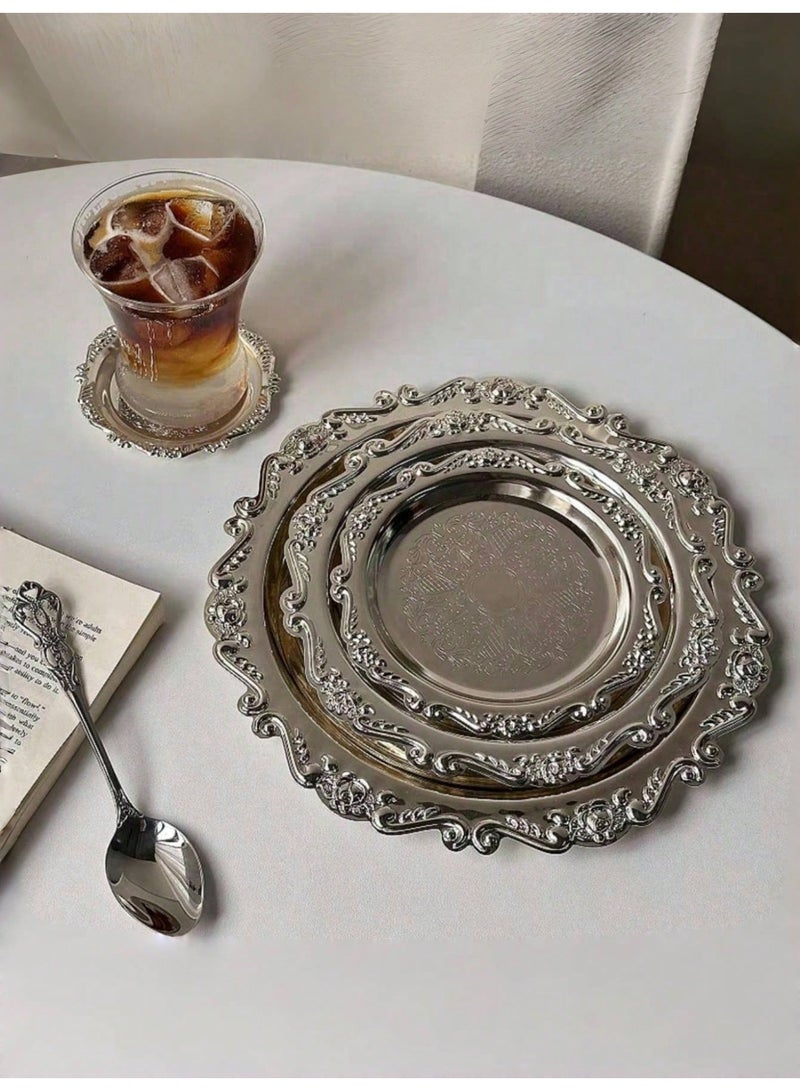 MAIDI Luxurious 3-Piece Silver Metal Serving Tray Set - Vintage Embossed Round Decorative Decorative Plates (10, 15, 20cm) for Home Decor, Eid Eid Gifting, Jewelry, & Coffee Table - Image 1