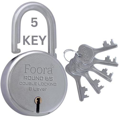 Foora Aligarh Lock for Door, Gate, Shutter with 5 Keys - Round 65mm Padlock, Double Locking Mechanism, 8 Lever, Silver Finish - Image 1