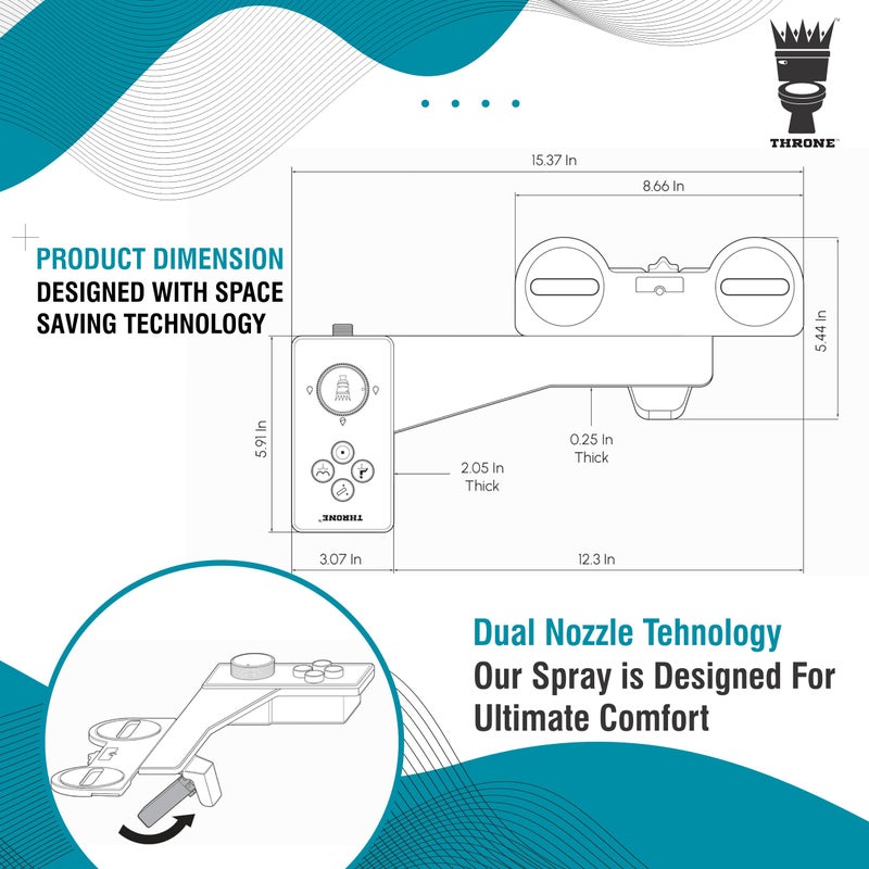 ثرون مرفق بيديت ثرون للمرحاض - براءة اختراع أمريكية - بخاخ ماء بارد غير كهربائي ذاتي التنظيف، فوهة مزدوجة (غسيل أمامي وخلفي)، مرفق مقعد المرحاض سهل التركيب (أبيض) - Image 3