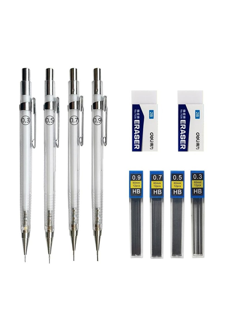 CMGTYYD Mechanical Pencil Set,4 Pcs Transparent Pencils 0.3, 0.5, 0.7, 0.9 mm with 4 Boxes of HB Pencil Lead,2 Pcs Erasers,Automatic Clutch Drafting Sketching Pencil,School Supply for Writing Drawing  - Image 1