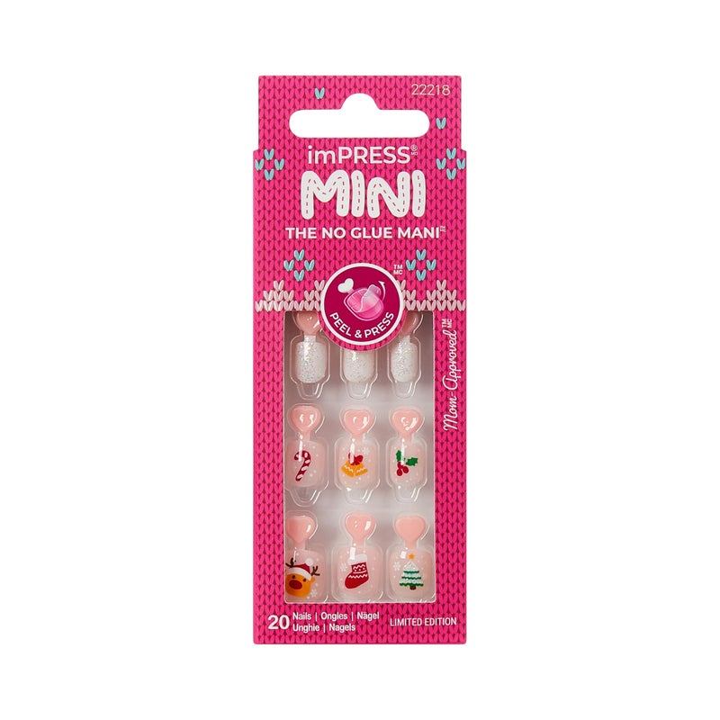 Impress KISS imPRESS MINI Holiday Press On Nails for Kids, â€˜Twinkling Lightsâ€™, Pink, Child Size, Squoval Shaped, Mess-Free, Mom Approved, Non-Toxic, Breakaway Application Tabs, Nail File, 20 Fake Nails - Image 1