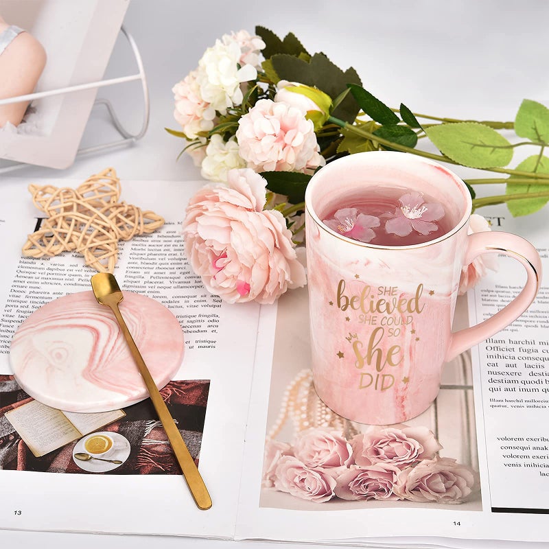 Maustic She Believed She Could So She Did Mug  Graduation Gift For Her  Inspirational Spiritual Motivational Congratulations Gifts For Women  Gift For Mothers Day  Birthday  Christmas 14 Oz Pink Marble Mug - Image 3