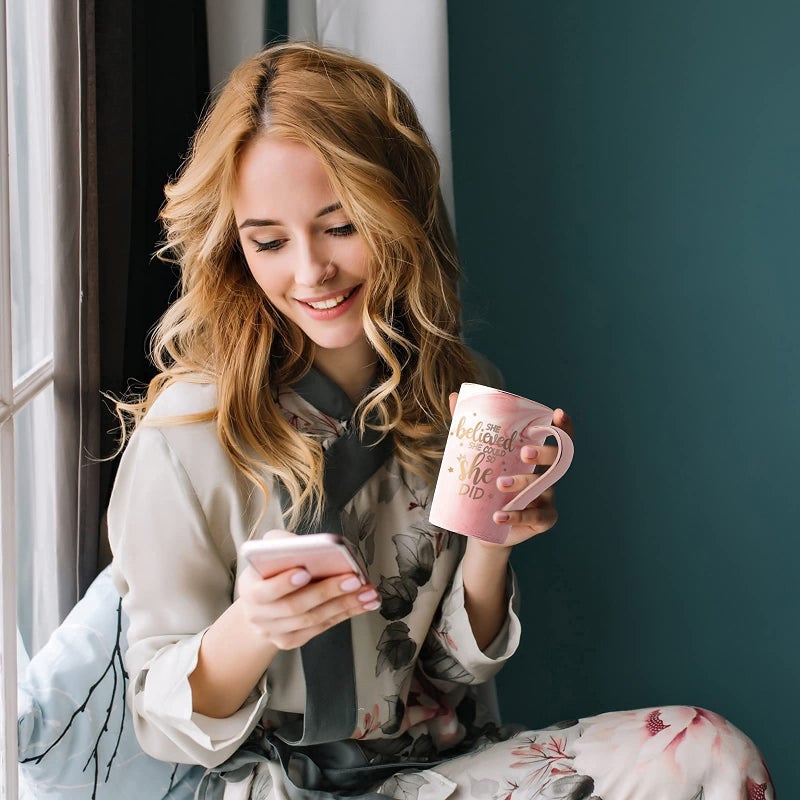 Maustic She Believed She Could So She Did Mug  Graduation Gift For Her  Inspirational Spiritual Motivational Congratulations Gifts For Women  Gift For Mothers Day  Birthday  Christmas 14 Oz Pink Marble Mug - Image 2