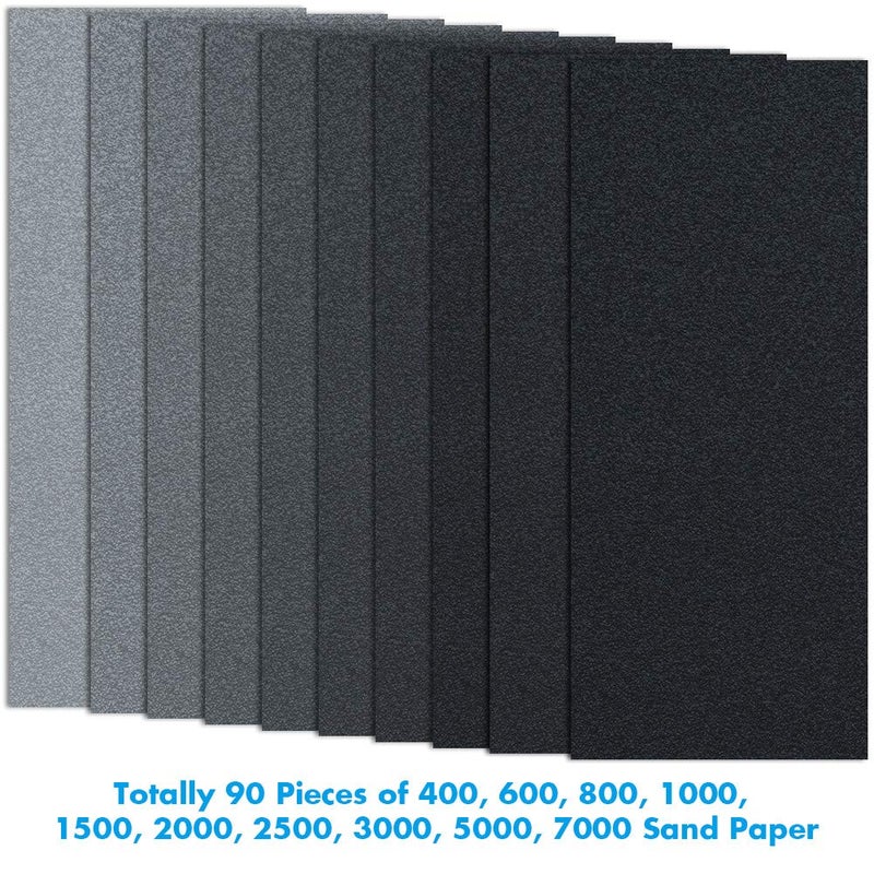 Anezus 90Pieces Sandpaper Assortment 400 to 3000 5000 7000 Grit Wet Dry Fine Sand Paper Assortment for Automotive Sanding Car Painting Wood Furniture Finishing - Image 2